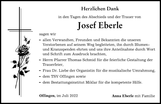 Traueranzeige von Josef Eberle von Günzburger Zeitung