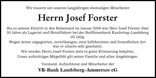 Traueranzeige von Josef Forster von Landsberger Tagblatt