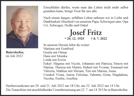 Traueranzeige von Josef Fritz von Günzburger Zeitung, Augsburg-Land