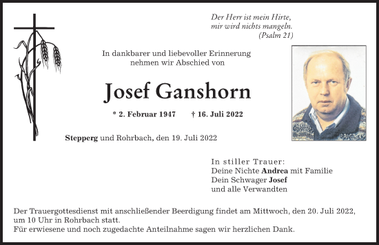 Traueranzeige von Josef Ganshorn von Neuburger Rundschau