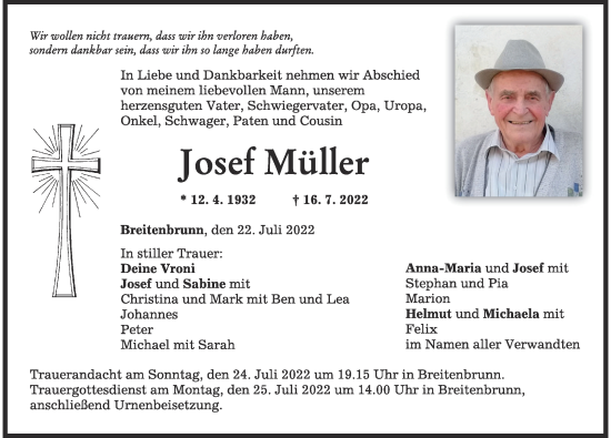 Traueranzeige von Josef Müller von Mindelheimer Zeitung