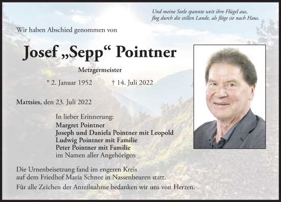 Traueranzeige von Josef Pointner von Mindelheimer Zeitung