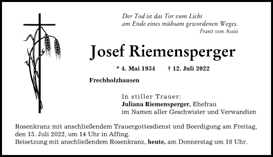 Traueranzeige von Josef Riemensperger von Friedberger Allgemeine, Aichacher Nachrichten