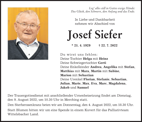 Traueranzeige von Josef Siefer von Friedberger Allgemeine