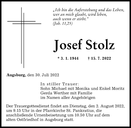 Traueranzeige von Josef Stolz von Augsburger Allgemeine