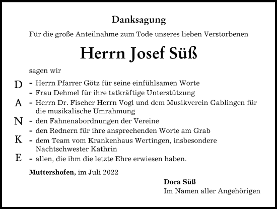 Traueranzeige von Josef Süß von Augsburg-Land