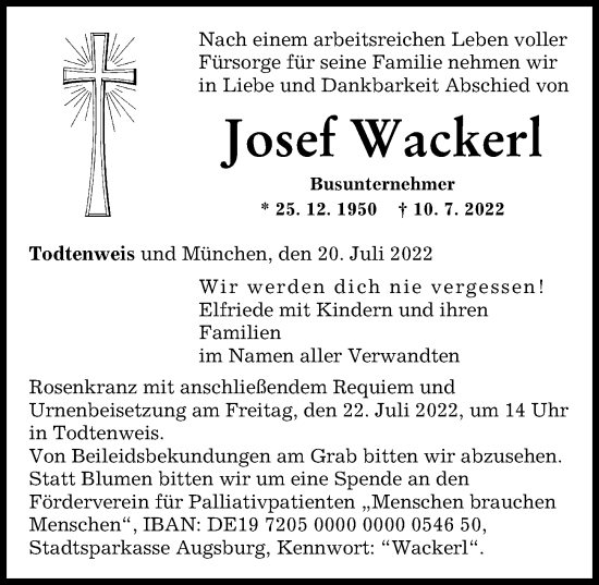 Traueranzeige von Josef Wackerl von Augsburger Allgemeine