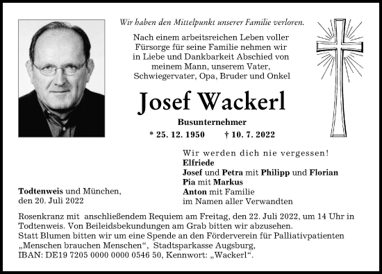 Traueranzeige von Josef Wackerl von Aichacher Nachrichten