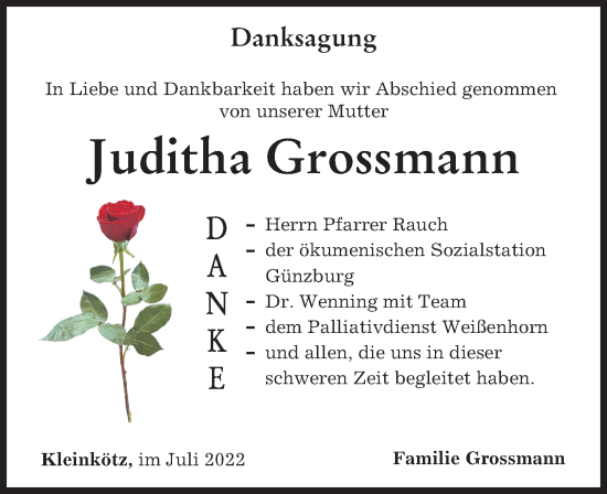 Traueranzeige von Juditha Grossmann von Günzburger Zeitung