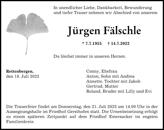 Traueranzeige von Jürgen Fälschle von Augsburger Allgemeine