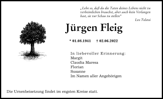 Traueranzeige von Jürgen Fleig von Friedberger Allgemeine