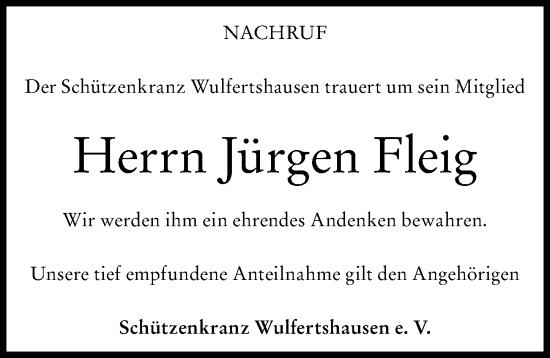 Traueranzeige von Jürgen Fleig von Friedberger Allgemeine