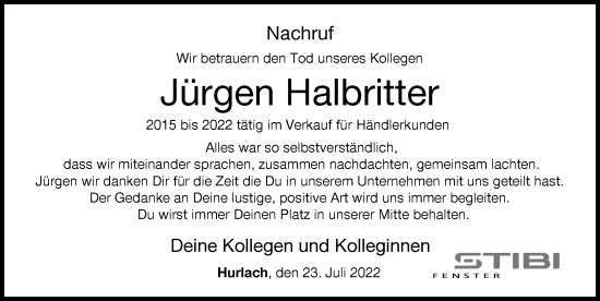 Traueranzeige von Jürgen Halbritter von Schwabmünchner Allgemeine, Landsberger Tagblatt