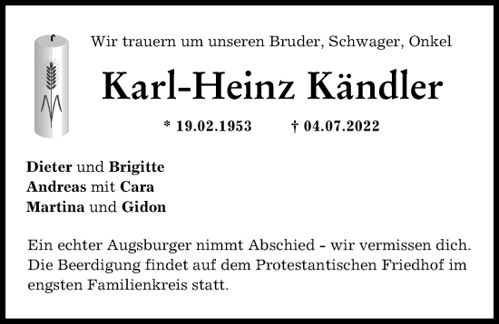 Traueranzeige von Karl-Heinz Kändler von Augsburg-Land, Augsburger Allgemeine