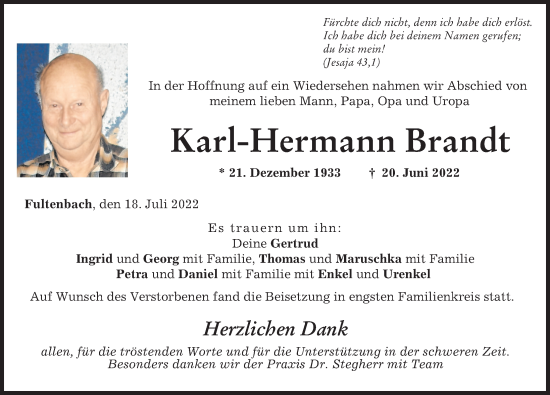 Traueranzeige von Karl-Hermann Brandt von Donau Zeitung