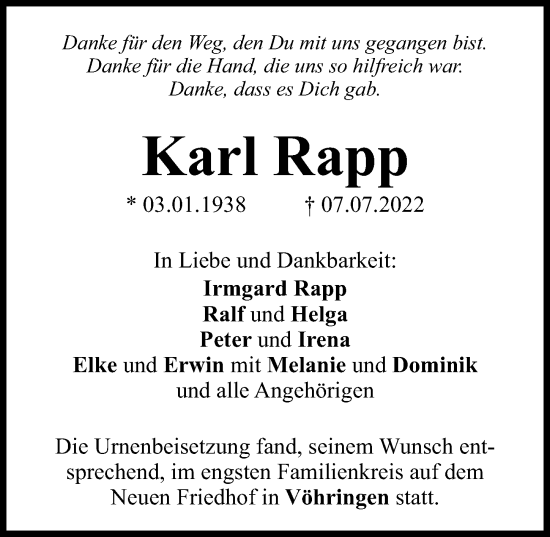 Traueranzeige von Karl Rapp von Neu-Ulmer Zeitung, Illertisser Zeitung