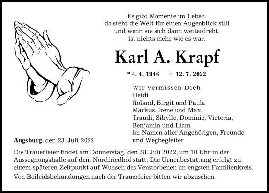 Traueranzeige von Karl A. Krapf von Augsburger Allgemeine