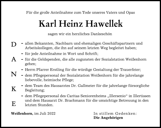 Traueranzeige von Karl Heinz Hawellek von Neu-Ulmer Zeitung