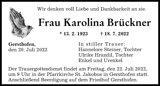 Traueranzeige von Karolina Brückner von Augsburger Allgemeine