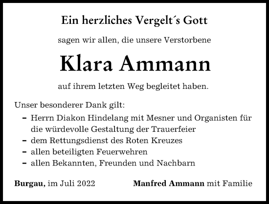 Traueranzeige von Klara Ammann von Günzburger Zeitung