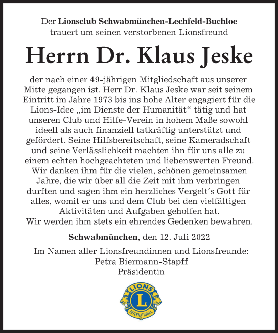 Traueranzeige von Klaus Jeske von Schwabmünchner Allgemeine