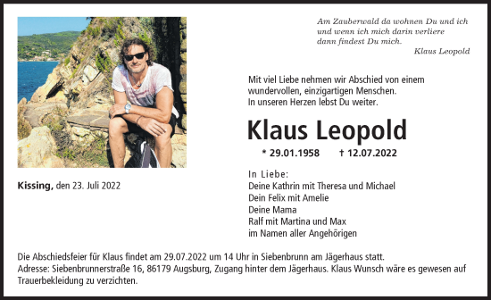 Traueranzeige von Klaus Leopold von Augsburger Allgemeine