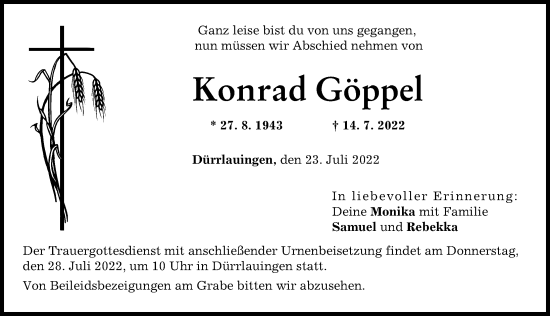 Traueranzeige von Konrad Göppel von Günzburger Zeitung