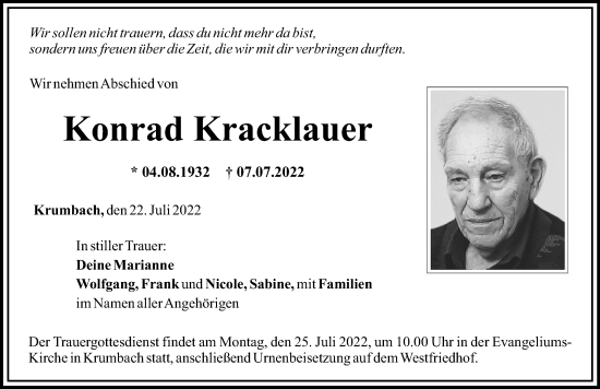 Traueranzeige von Konrad Kracklauer von Mittelschwäbische Nachrichten