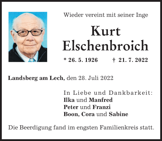 Traueranzeige von Kurt Elschenbroich von Landsberger Tagblatt