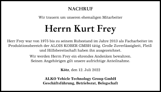 Traueranzeige von Kurt Frey von Günzburger Zeitung