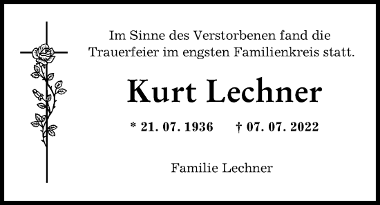 Traueranzeige von Kurt Lechner von Augsburger Allgemeine