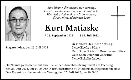 Traueranzeige von Kurt Matiaske von Augsburger Allgemeine