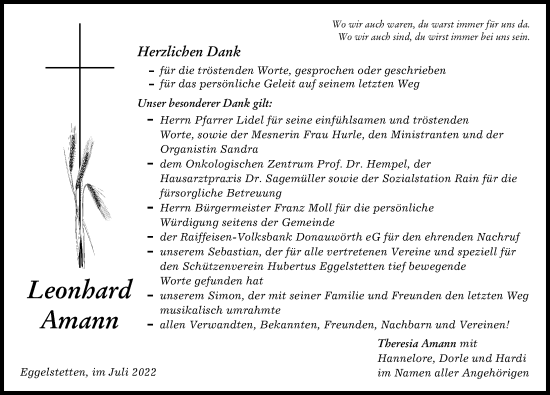 Traueranzeige von Leonhard Amann von Donauwörther Zeitung