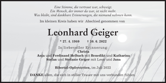 Traueranzeige von Leonhard Geiger von Günzburger Zeitung