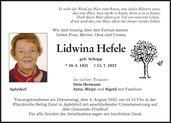 Traueranzeige von Lidwina Hefele von Landsberger Tagblatt