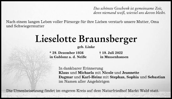 Traueranzeige von Lieselotte Braunsberger von Mindelheimer Zeitung