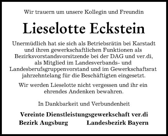 Traueranzeige von Lieselotte Eckstein von Augsburger Allgemeine