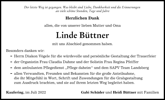 Traueranzeige von Linde Büttner von Landsberger Tagblatt