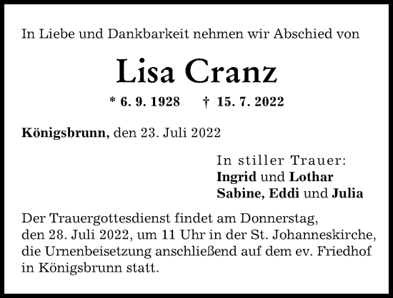 Traueranzeige von Lisa Cranz von Augsburger Allgemeine