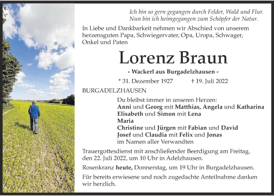 Traueranzeige von Lorenz Braun von Friedberger Allgemeine, Aichacher Nachrichten