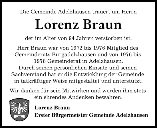 Traueranzeige von Lorenz Braun von Aichacher Nachrichten