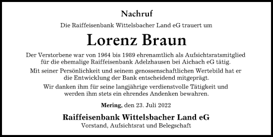 Traueranzeige von Lorenz Braun von Aichacher Nachrichten, Friedberger Allgemeine