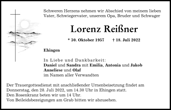 Traueranzeige von Lorenz Reißner von Augsburg-Land