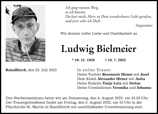 Traueranzeige von Ludwig Bielmeier von Friedberger Allgemeine