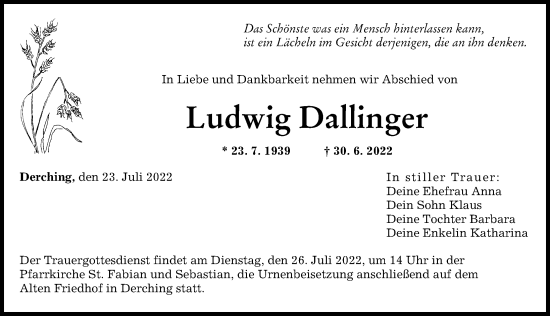 Traueranzeige von Ludwig Dallinger von Friedberger Allgemeine, Augsburger Allgemeine
