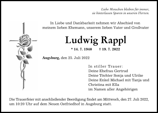 Traueranzeige von Ludwig Rappl von Augsburger Allgemeine