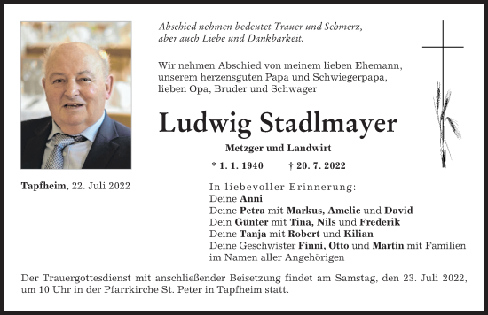 Traueranzeige von Ludwig Stadlmayer von Donau Zeitung, Donauwörther Zeitung