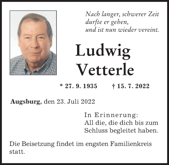Traueranzeige von Ludwig Vetterle von Augsburger Allgemeine