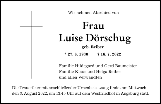 Traueranzeige von Luise Dörschug von Augsburger Allgemeine