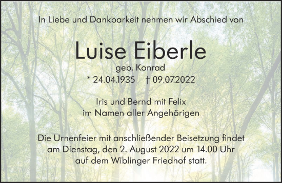 Traueranzeige von Luise Eiberle von Augsburger Allgemeine, Neu-Ulmer Zeitung